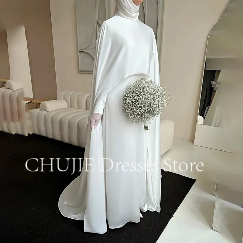 

Elegant Muslim Wedding Dresses With Cape Dubai Saudi Arabia Bride Dress Long Sleeves Customized White Satin Bride Bridal Gowns