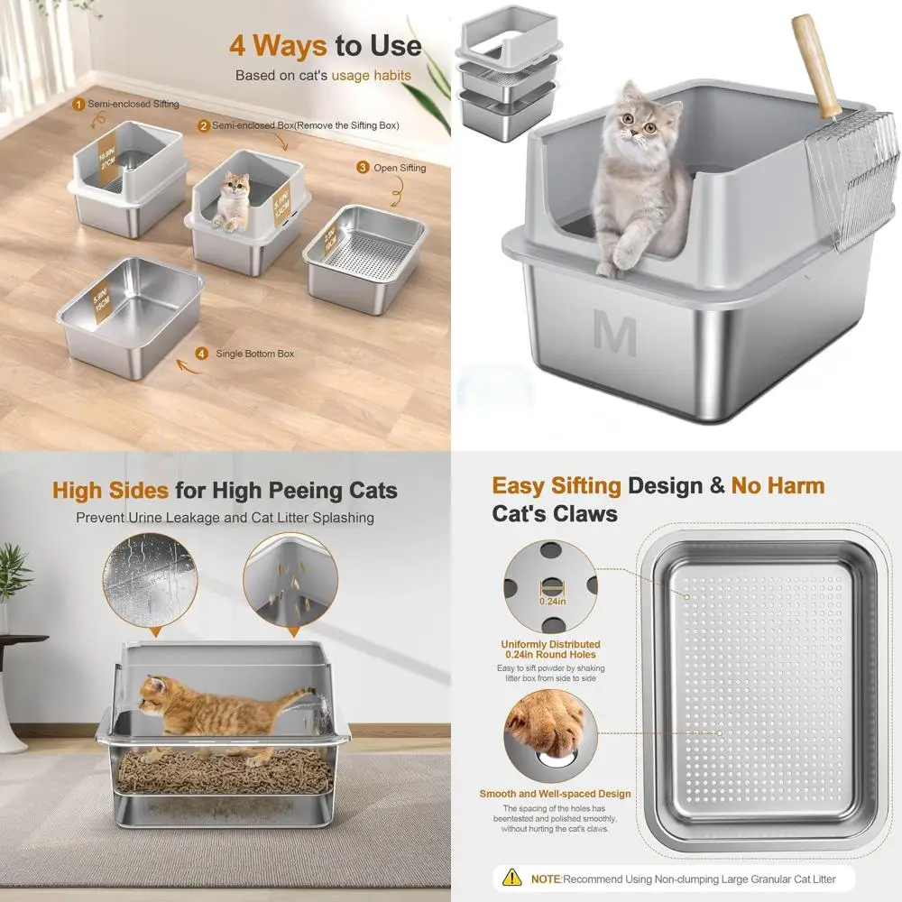 

High-Sided Stainless Steel Sifting Litter Box for Small Cats, 17L x 13W x 10.8H, with Lid and Anti-Leakage Design