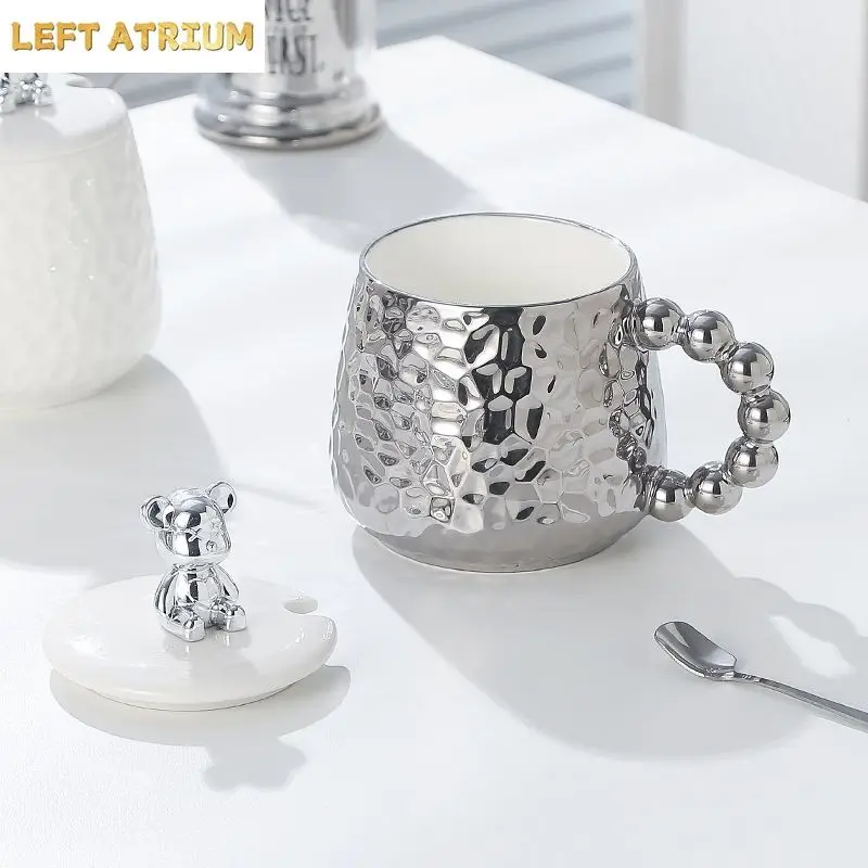 European Style Couple Ceramic Coffee Cup Galvanized Silver Bear Mug Gift Office Teacup Living Room Breakfast Mug Home Decoration