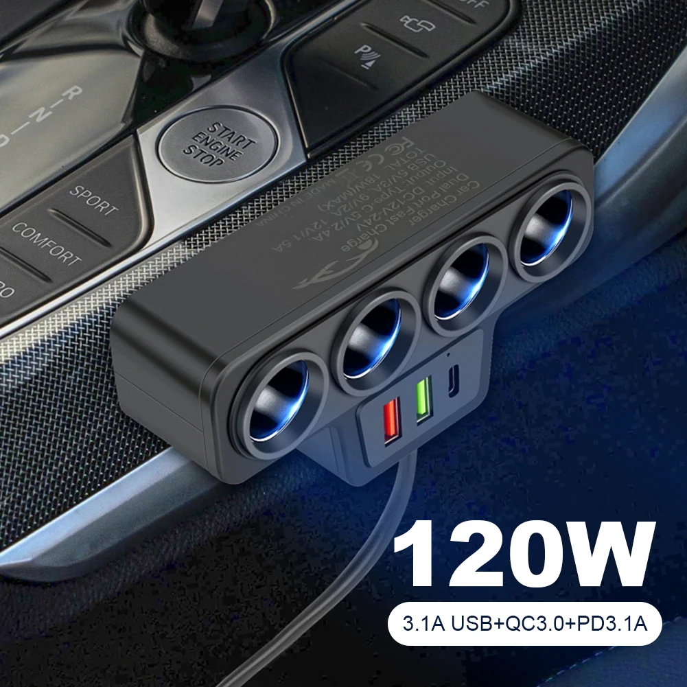 سيارة شاحن يو اس بي QC3.0 + PD 3.1A 3 منافذ USB سيارة ولاعة السجائر الفاصل 4-مقبس 18 واط سيارة ولاعة السجائر المقبس الفاصل التوصيل #3