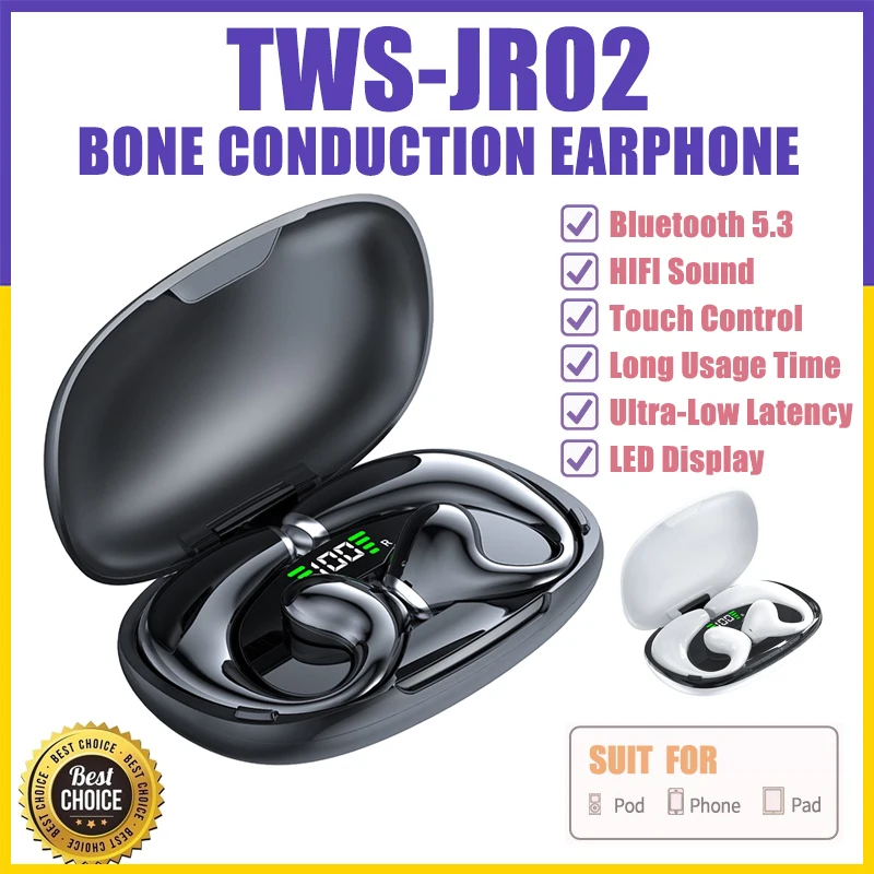 

【Fast Ship】JR02 Bluetooth 5.3 Earphones Bone Conduction TWS Wireless Waterproof Headphone HiFi Ear Hook Earbuds with Mic Headset