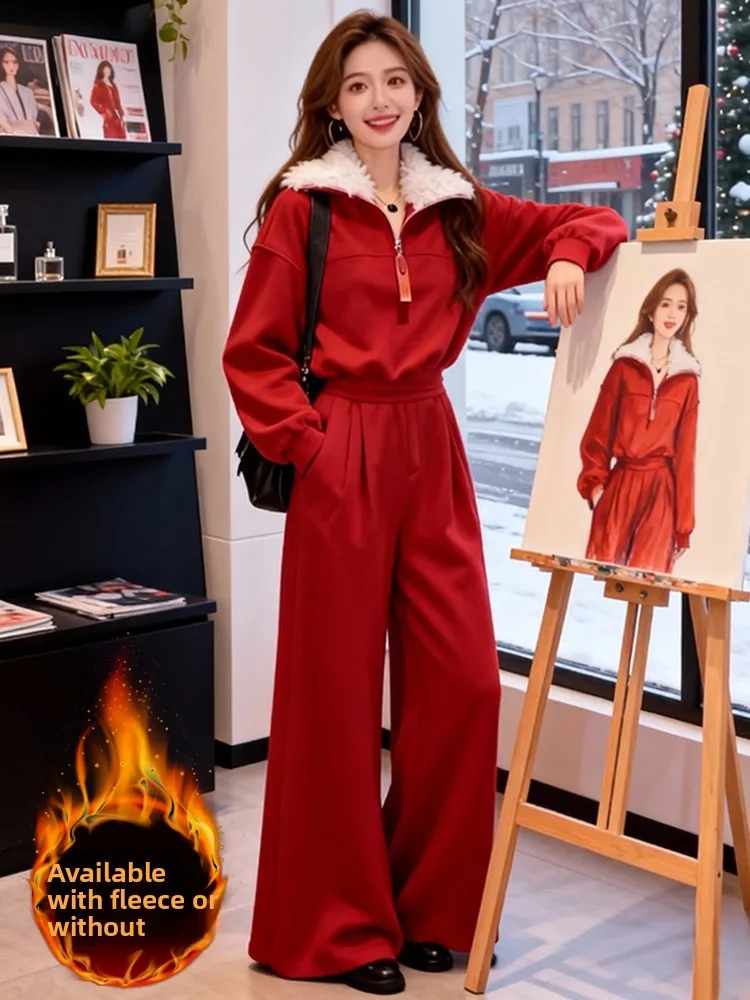 

Fashionable Red Thickened Fleece Lined Casual Sportswear Set Women's High Waist Wide Leg Pants Hoodie Two Piece Set Winter Warm
