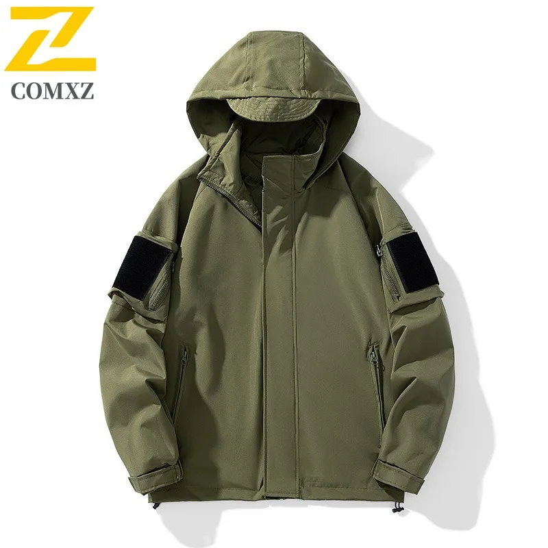 COMXZ Men Hooded Jacket Lightweight Outdoor Waterproof Adventure Hunting Fly Fishing Windbreaker Jackets Autumn Gorpcore Coat
