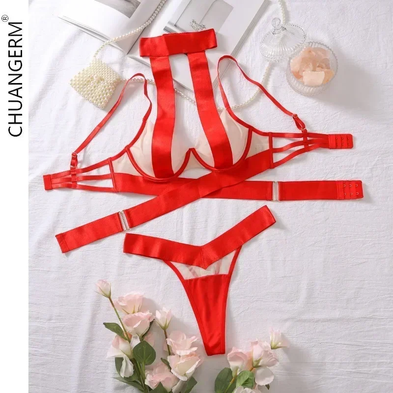 CHUANGERM Erotic Sexy Lingerie Low Cut Bandage Bra Set Mesh Cut Out Sensual Brief Sets Women Red Transparent Panties Underwear