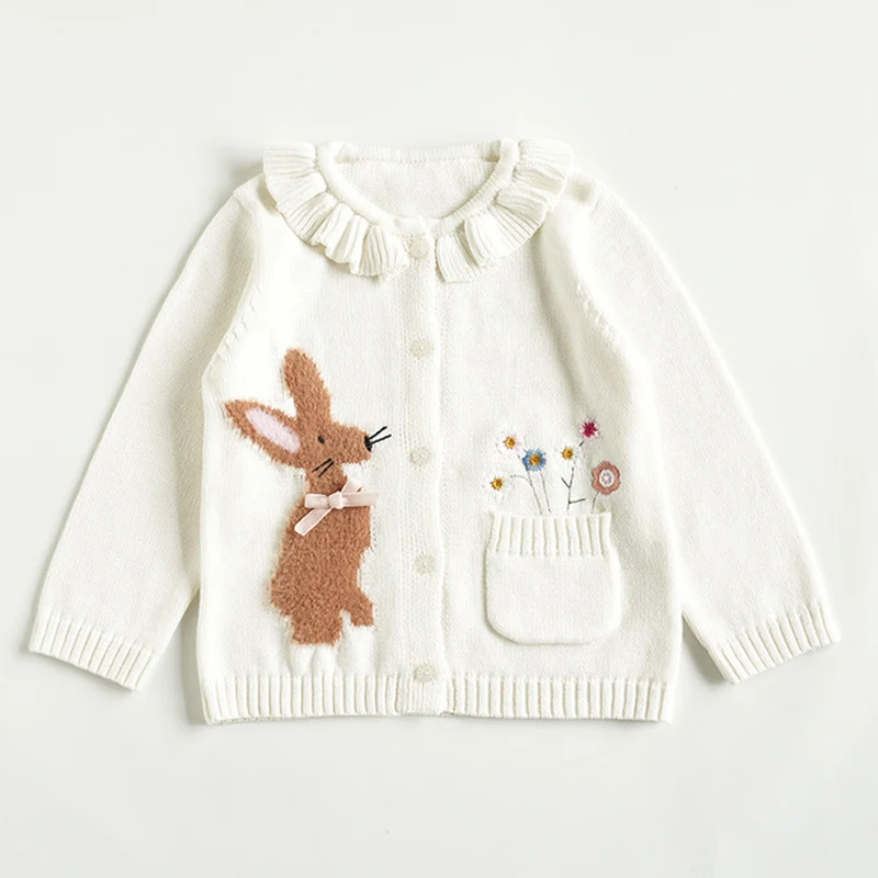 2024 New Autumn Kids Knitted Cartoon Cardigan Sweater Baby Girls Knitting Cardigan Coat Long Sleeved Casual Loose Sweater Coat