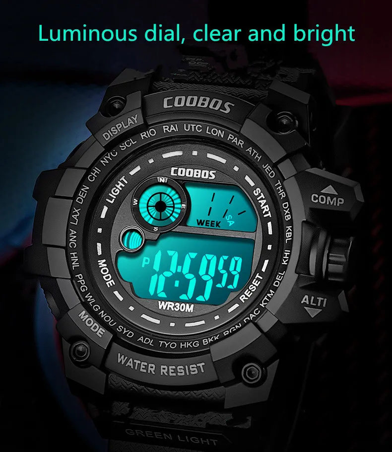 COOBOS Men\'s Digital Watch 30M Waterproof Sports LED Electronic Wristwatch Multi Dial Luminous Calendar Male Clock reloj hombre