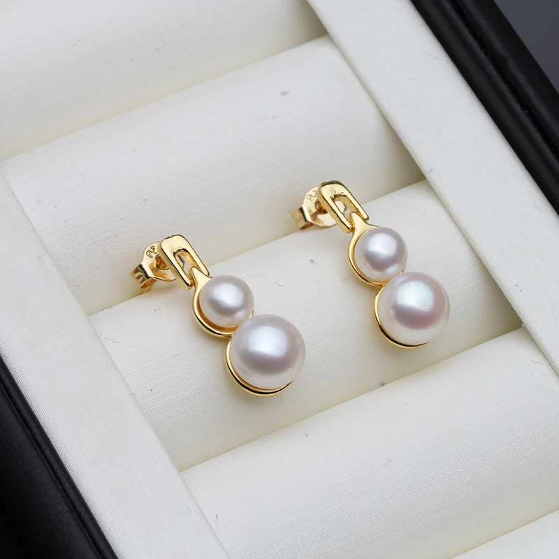 

Beautiful Double Pearl Earrings For Women,Real Natural Freshwater Stud Pearl Earrings Bridal White Black