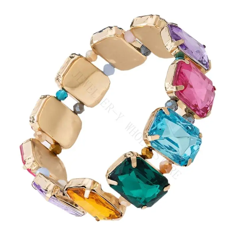 R7UF Geometric Multicolor Rhinestones Bracelet With Adjustable Closure For Women