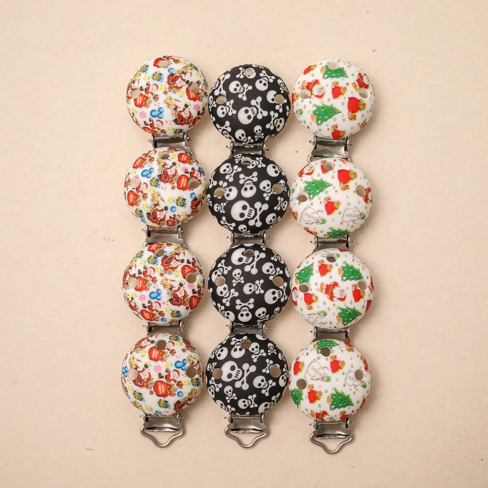 

50pc Silicone Christmas Pacifier Clips Beech Silicone Teether Metal Clips BPA Free Wooden Blank Nipple Holder Chain Toy Kid Gift