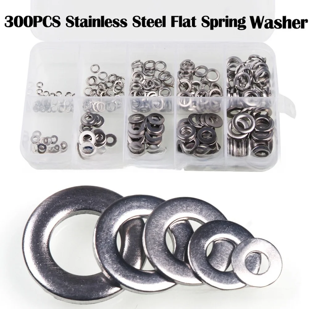 300pcs Stainless Steel Flat Spring Washer Assortment Kit M2-M6 Spring Washer Flat Washer Combination Box Round Washers