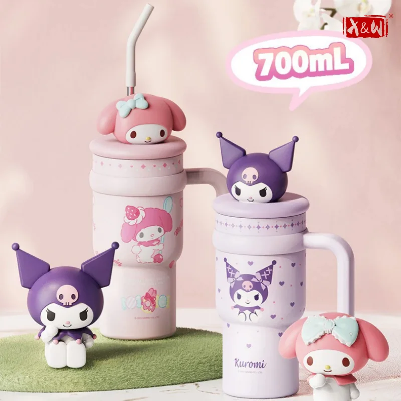X&W Sanrio 700ML Isolierbecher Vakuum-Trinkflasche Kuromi Thermosbecher 316 Edelstahl Isolierter Becher mit Strohhalm Tragbare Auto-Tassen