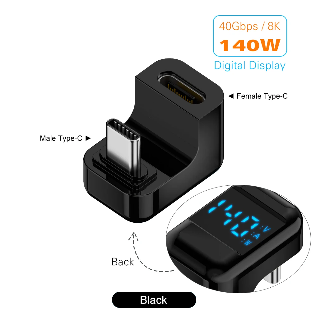 90-Grad-USB-C-Adapter, rechtwinkliger U-förmiger USB4-Typ-C-Adapter, 40 Gbit/s, mit LED-Anzeige, PD 140 W, 8K-Extender für Thunderbolt 3/4