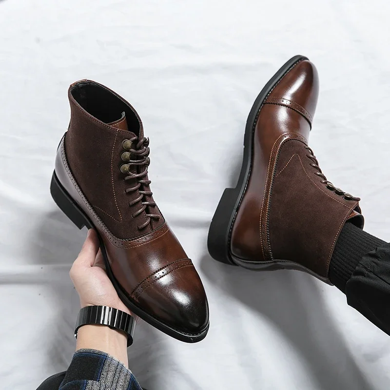 New Arrivals Brown Men Short Boots Flock Lace-up Square Toe Spring Autumn Men Ankle Boots  Size 38-46