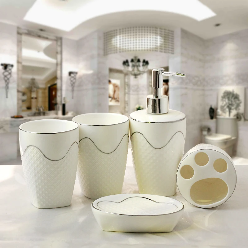 European Style Embossed Ceramic Sanitary Ware Five-piece Wash Set Bathroom Supplies Mouthwash Cup Home Decorations