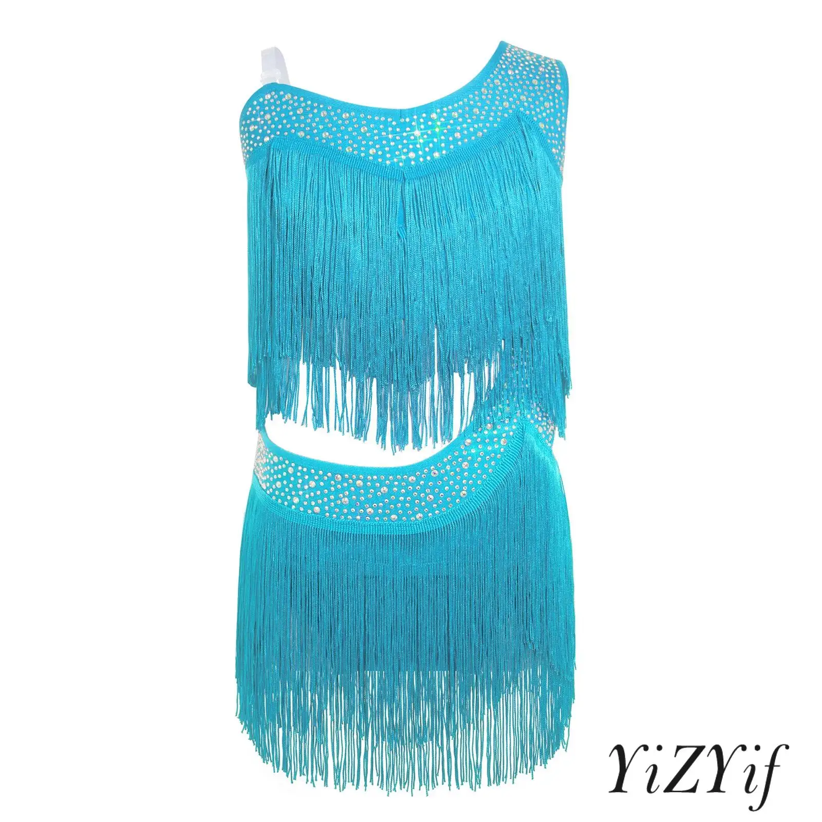 

Kids Girls Tassel Latin Ballet Dance Dress Shiny Rhinestones Cutout Asymmetrical Fringe Dress Rumba Salsa Cha Cha Dance Costume