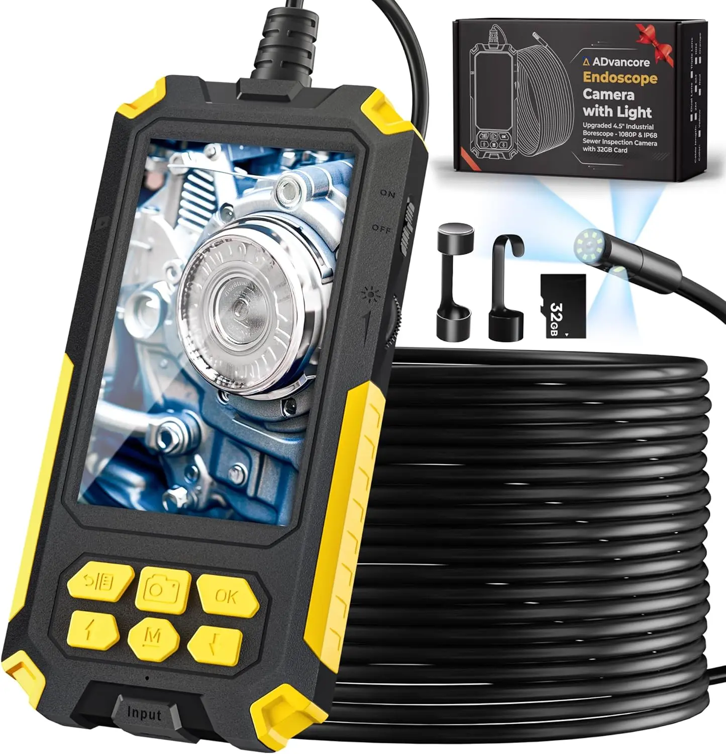 

Triple-Lens Endoscope Camera with Light, 32.8FT Borescope, 4.5" Screen, IP68 Waterproof for Plumbing & Inspection