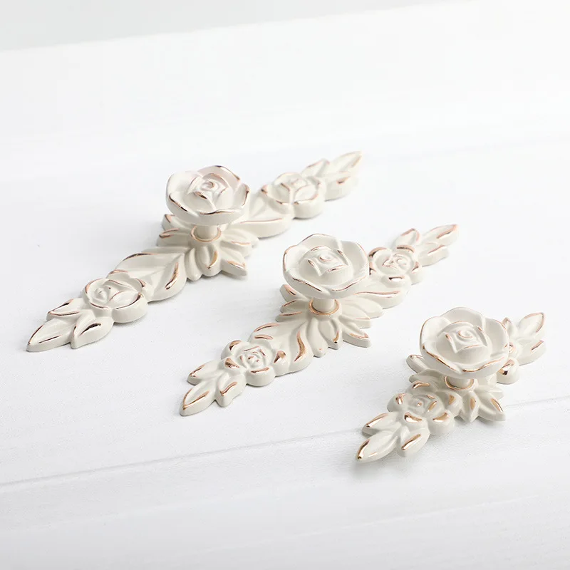 Ivory White Rose Flower Kitchen Cabinet Handles Zinc Alloy Drawer Knobs Wardrobe Cupboard Door Pulls Furniture Hardware