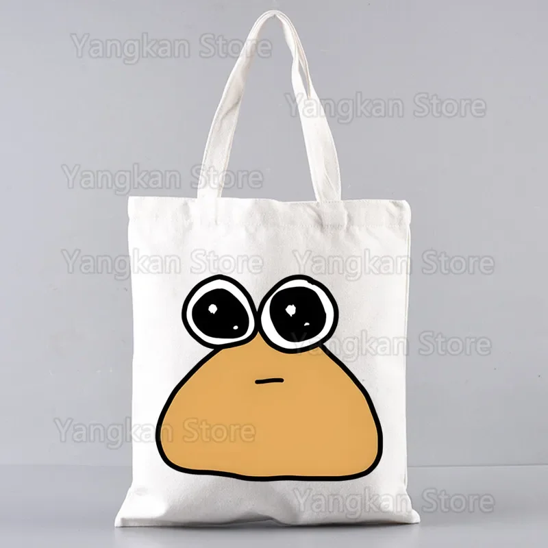 

Pou Reusable Shopping Bag Unisex Canvas Tote Bags Printing Eco Bag Cartoon Shopper Shoulder Bags