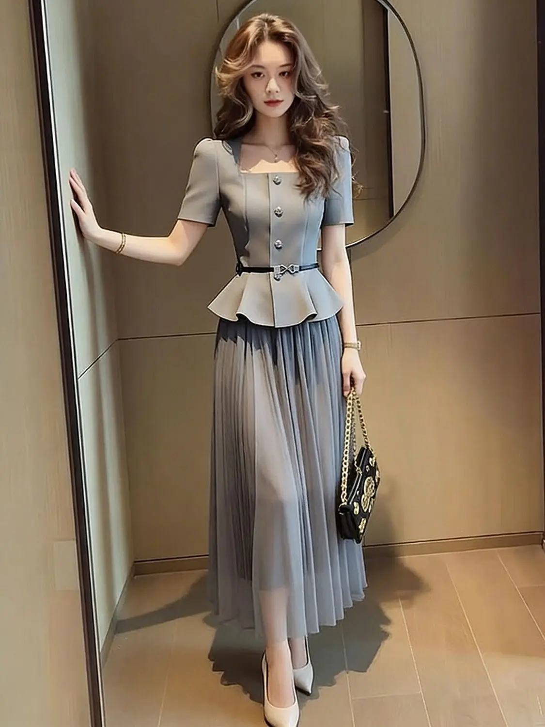 

Luxury Grey Tailored Peplum Top and Tulle Skirt Set for Women Elegant 2-Piece Co-ord Outfit with Waist Belt for Work & Party