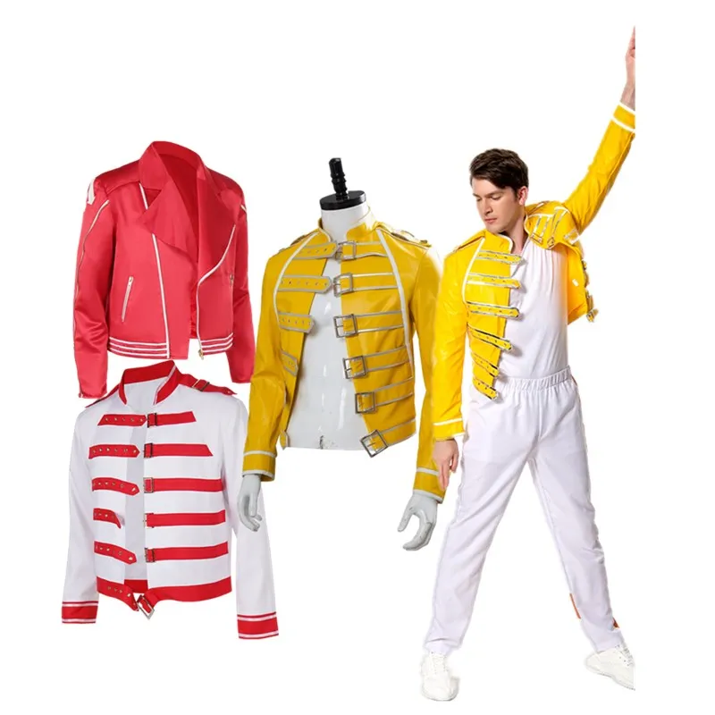 

Freddie Cos Mercury Cosplay Costume Adult Men Jacket Coat Fantasy Rock Band Disguise Outfit Halloween Carnival Party Suit