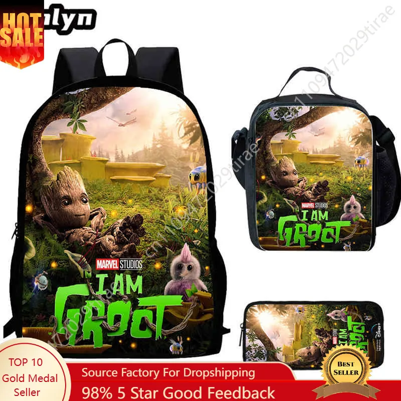 

Marvel Captain Groot Backpack with Lunch Bags Pencil Bags Light Weight Groot School Backpack Cosplay Accessories