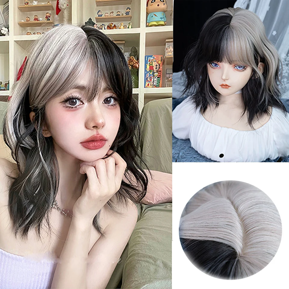 Cospaly sintetis Lolita Wig wanita, pendek pirang hitam berombak keriting dengan poni Wig rambut halus alami untuk pesta sehari-hari