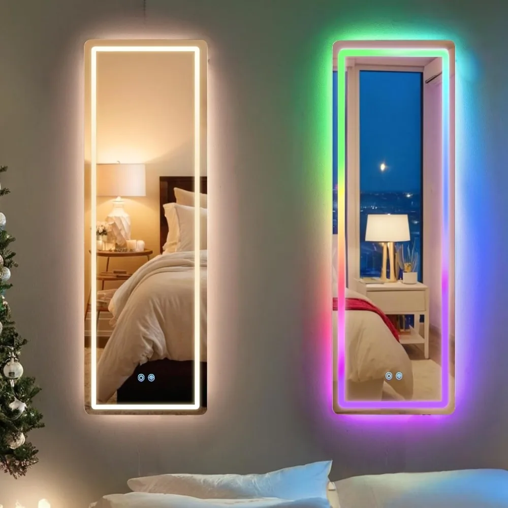 Full Length Mirror Wall Mounted Mirror for Bedroom, RGB Color Changing LED Lights Mirror Dimmable Brightness 47