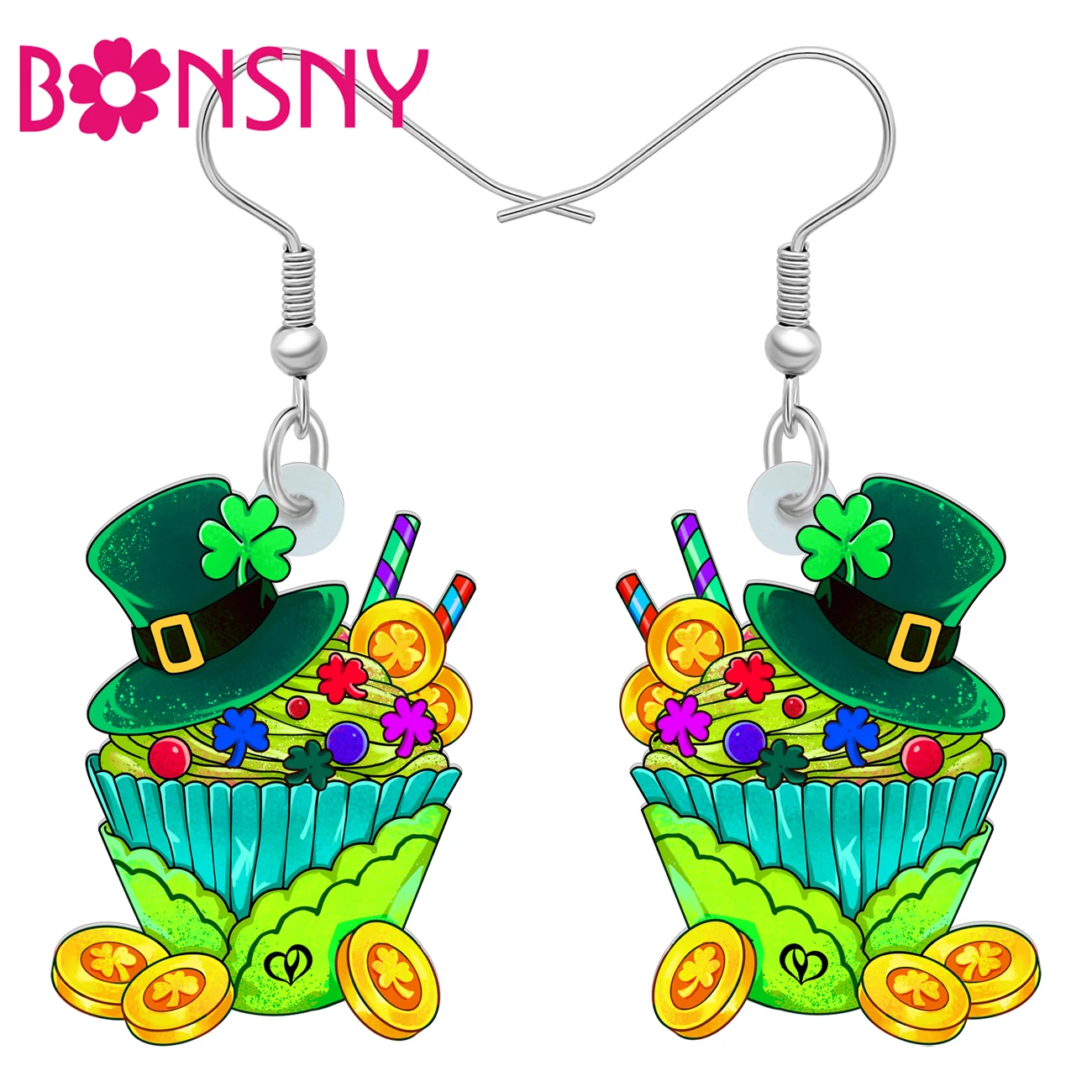 BONSNY Acrylic St Patricks Day Cupcake Earrings Irish Green Clover Hat Gold Coin Cake Dessert Jewelry Good Luck Gifts For Women