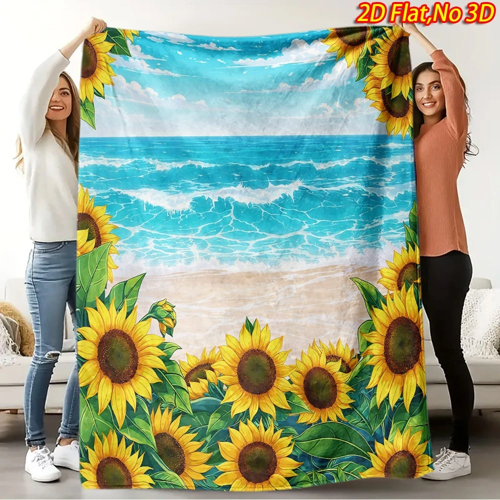 1pc 2D Flat Printing Spring And Summer New Arrival Comfortable Sunny Beach Sunflower Scenery Flannel Blanket, 100% Fiber HD Digi