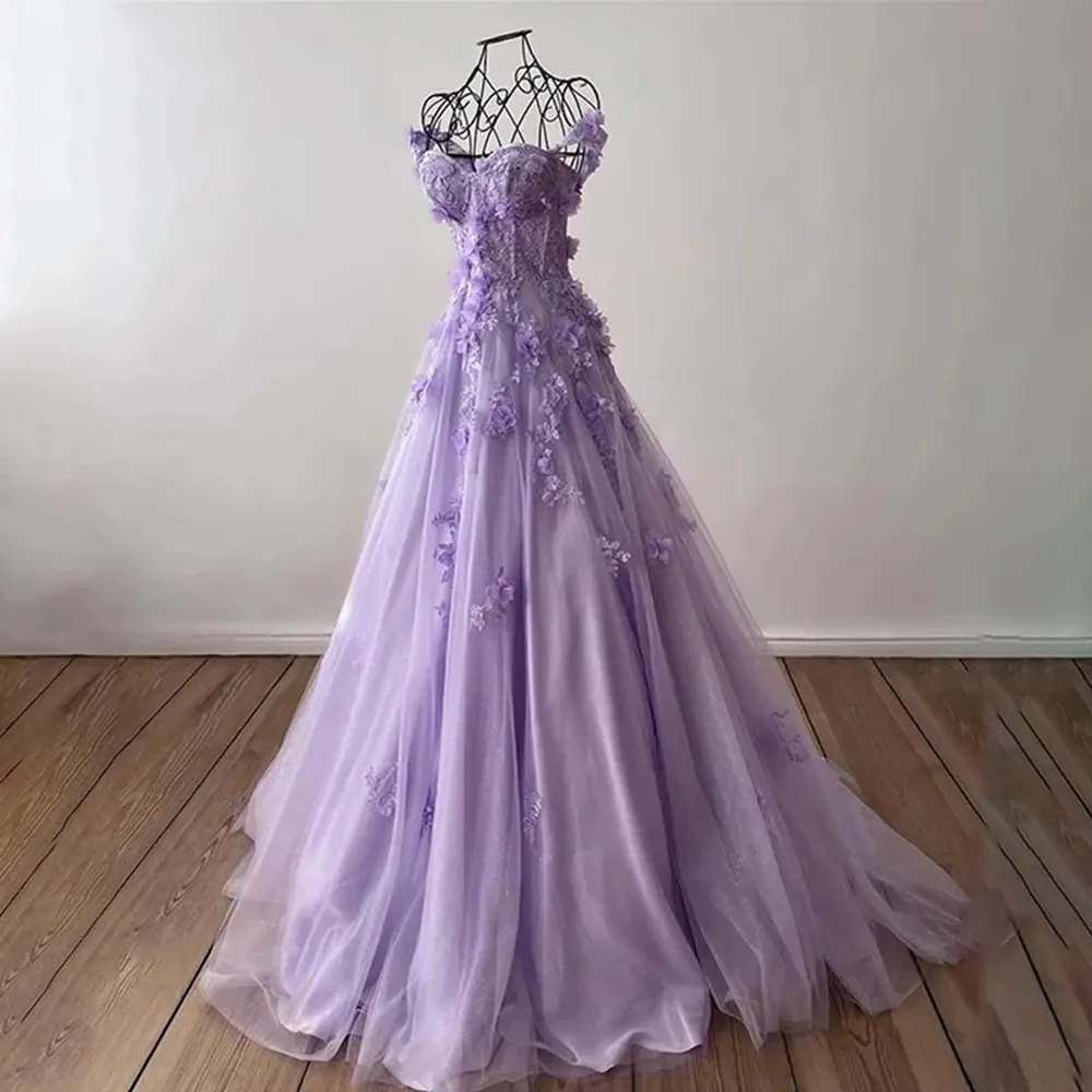 

Lily Purple Net Special Occasion Dress 3D Flowers Sweetheart Formal Gown Spaghetti Strap Long Evening Dress vestidos de fiesta