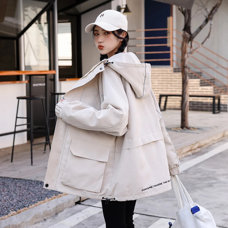 2023 Casual Hooded Short Trench Coats Women's Clothes Spring Autumn Korean Loose Pocket Reflective Jackets Outerwear D1680