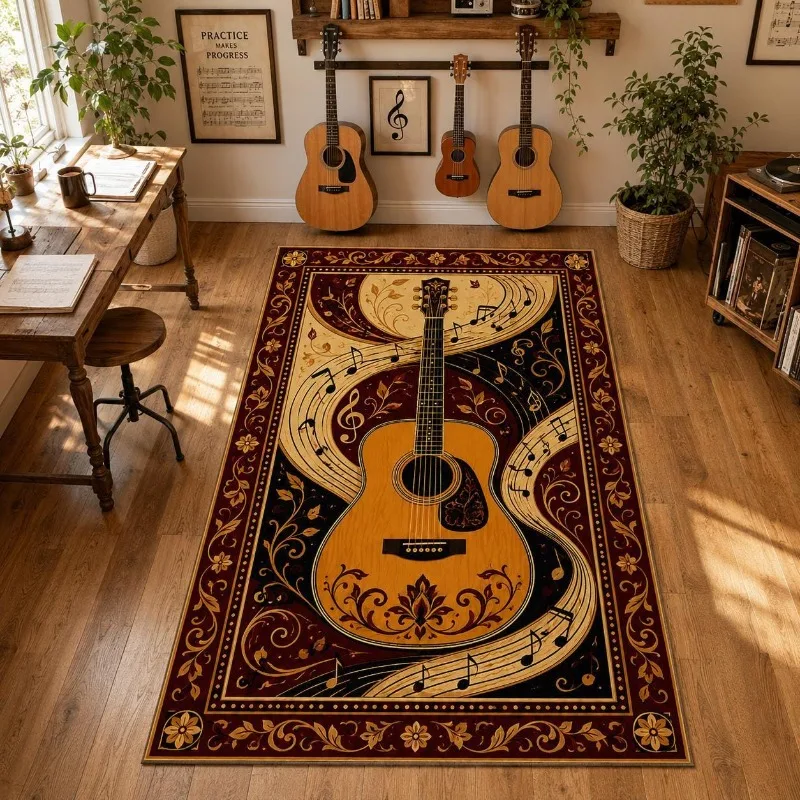 Vintage Guitar Floral Area Rug Boho Music Note Flower Carpet Retro Farmhouse Floor Mat for Home Spring Summer Holiday Decor