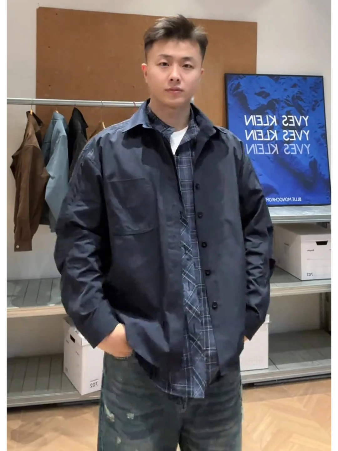 

Cobalt Blue Plaid Long Sve Collar Jaet Men's Autumn High Sensation Cool irt Outerwear Fake Two-Piece Design