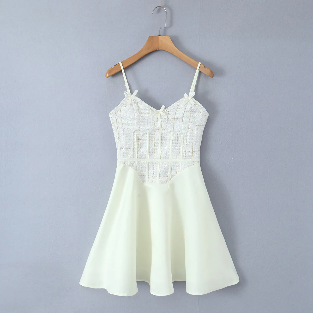 2025 Sexy Tweed Weave Body Spliced Satin Corset Style Sling Dress Women Slim Low Waist Folds Hem A-line Swing Mini Dresses Robe