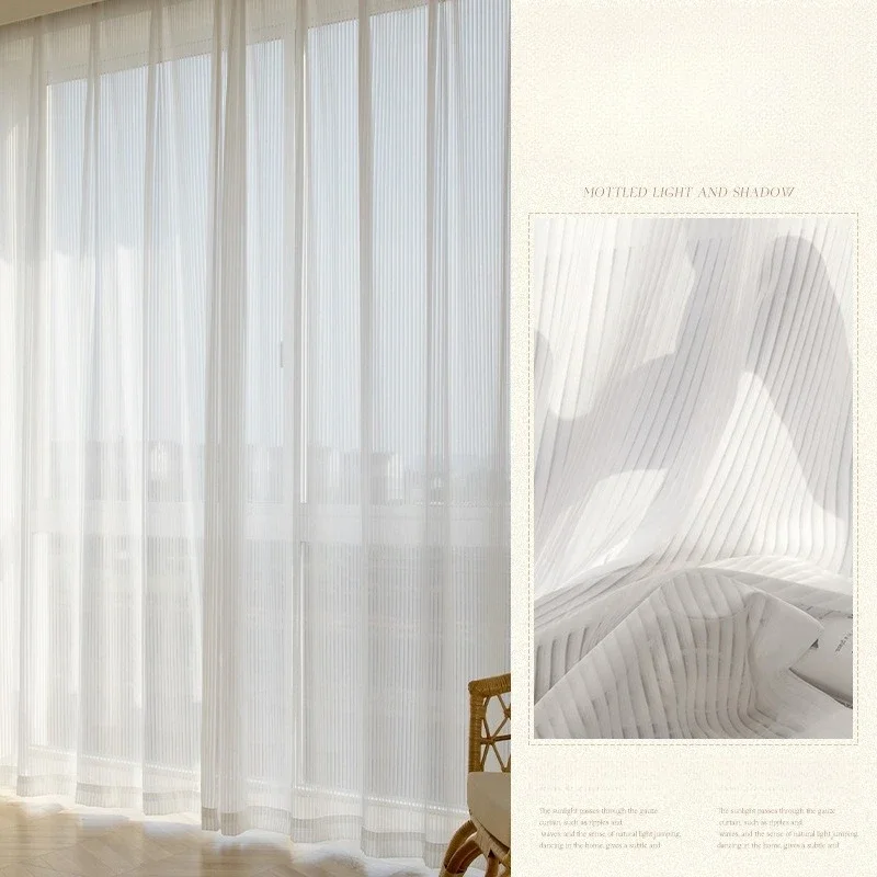 Custom Size Cream Style Fantasy Gauze Curtains French Light-transmitting and Opaque White Gauze for Living Room Bay Window