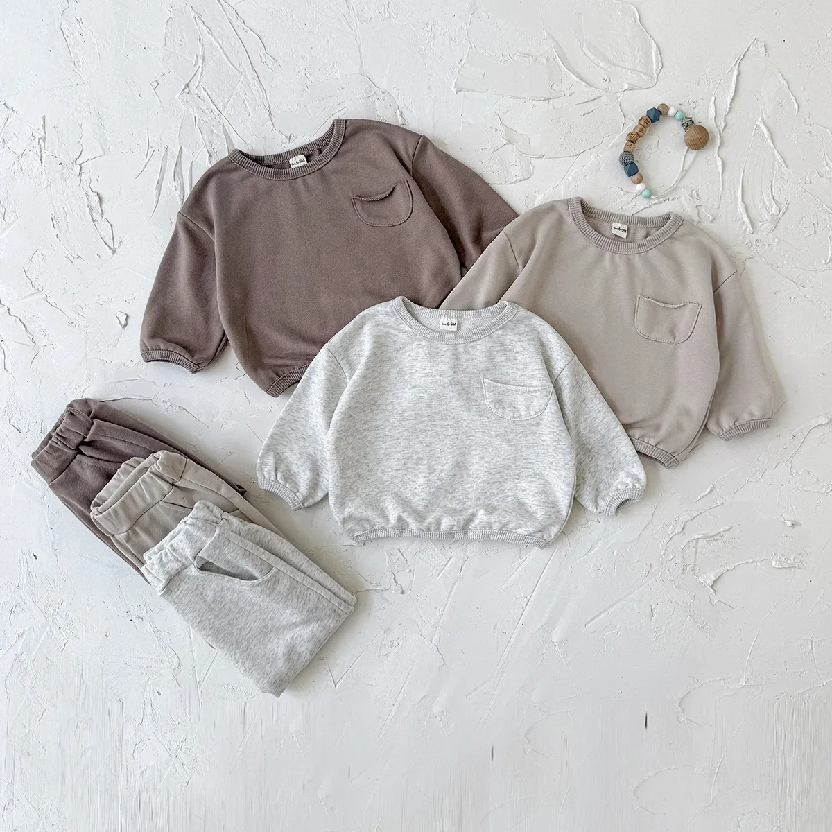 

0-3Y Baby Girls Clothes Crewneck Sweatshirt and Pants Kids Boys Cotton Solid Color Outfit Set with Pocket Casual Daily Wear