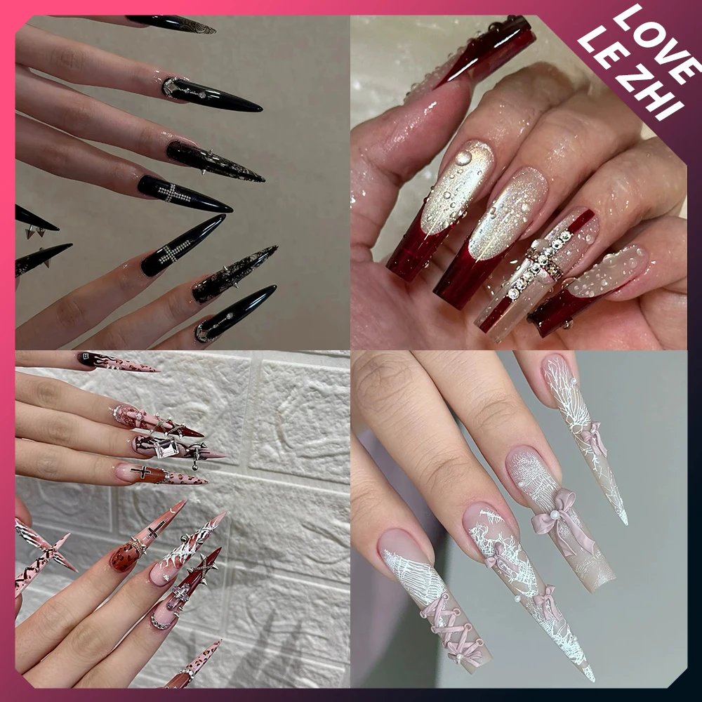 

Spice Girl Handmade Long Square Tip Wearable Fake Nails Metal Rivet Diamond Bowknot Cat Eyes Flowers Stars French Press On Nails