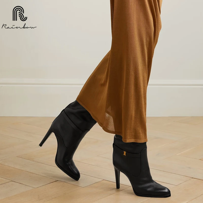 RAINBOW 33-46 Autumn Winter Cowhide Knee-High Long High Boots Stiletto Heels Slip-On Slim Retro Sexy Women Luxury Lady suede