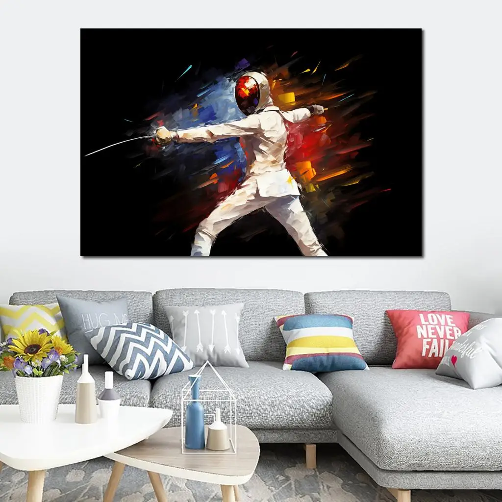 Sports Canvas Art Oil Painting Handmade Female Fencing Colorful Textured Contemporary Artwork Office Club Decor Large Gift