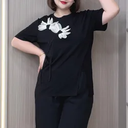 Slimming Jumper 3D Flower Short Sleeve Ice Silk Knitwear T-shirt For women, Plus Size, Summer 2024