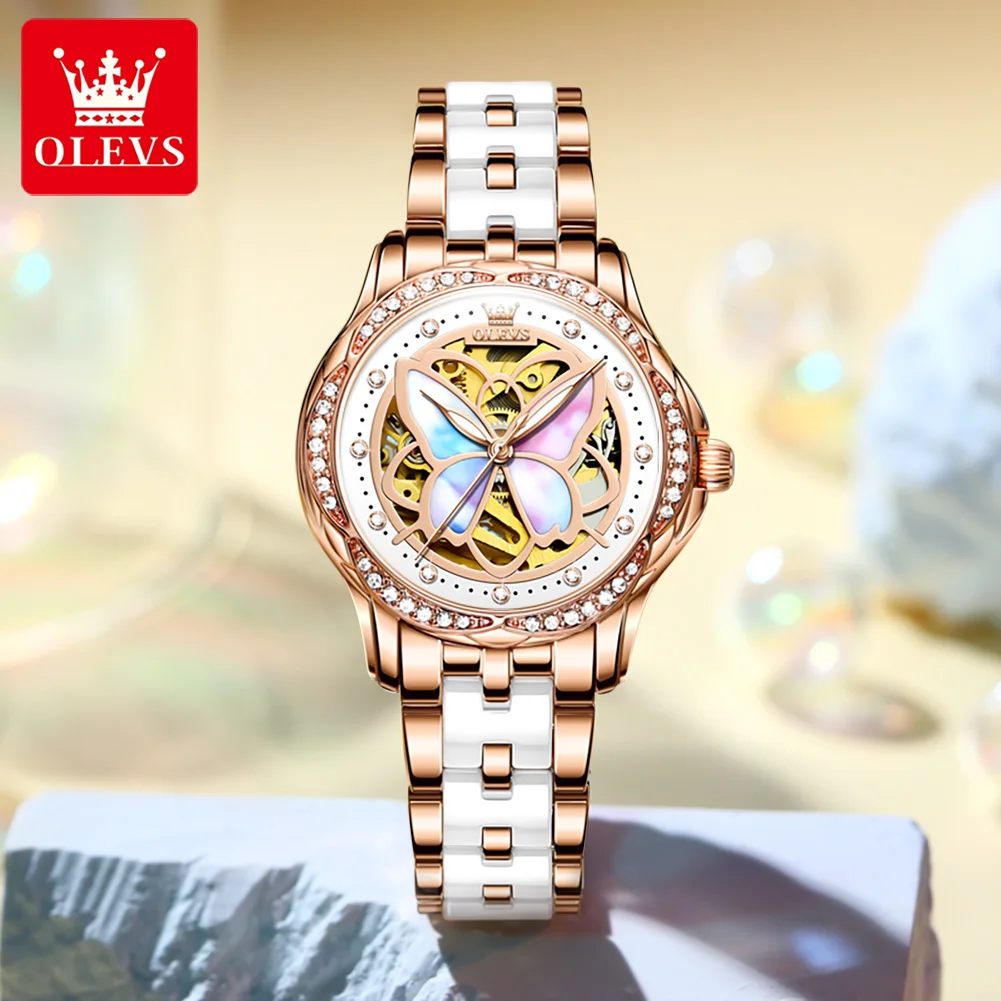 OLEVS Colorful Butterfly Automatic Mechanical Watch for Women Elegant Ceramic Strap Waterproof Luminous Ladies Dress Wristwatch