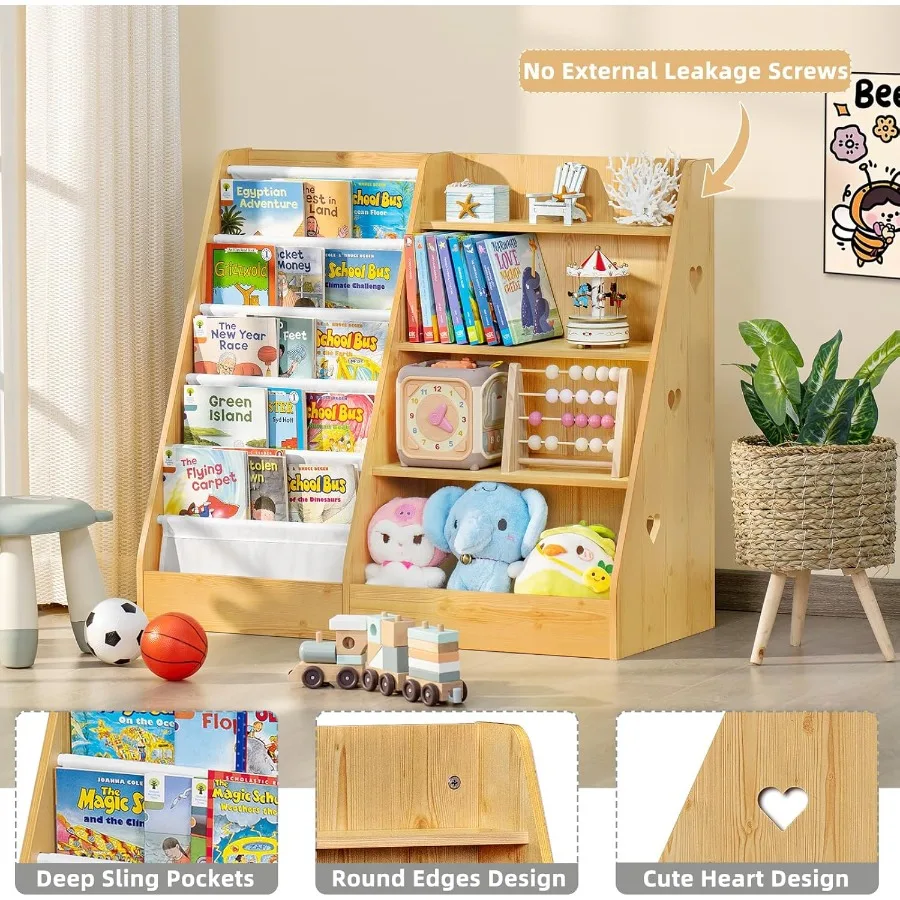 4 Tier Bookshelf and Storage Organizer with Five Layers Sling Design for Natural Wooden Bookcase Ideal for Playroom Bedroom Cla