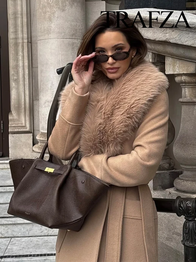 

TRAFZA Women Autumn Winter New Large Wool Collar Long Woolen Coat Jacket Female Double Pocket Lace-up Casual Temperament Outwear