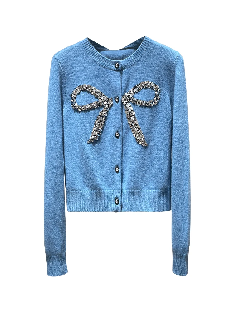 Korean Style Casual Commuter Beaded Sequins Bow Round Neck Long Sleeve Single-breasted Sweater Knitted Cardigans Women Autumn