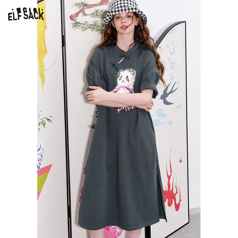 

ELFSACK 2025 Spring New Arrivals New Chinese style buckle printed dress for women