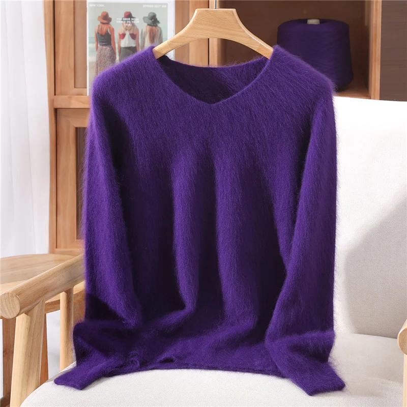 100% Mink Cashmere Sweater Women's Autumn Winter New Style Solid Color V-Neck Plus Size Knitted Sweater Versatile Loose Base Top - view 6