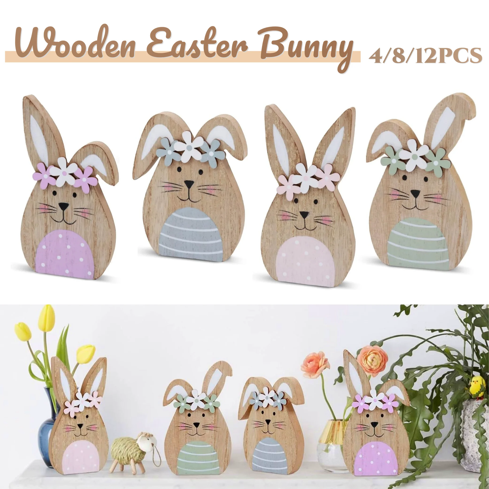 4-12Pcs Wooden Easter Bunny Table Decorations Peeps Decor Spring Wood Bunnies Rabbit Ornament for Easter Party Desk Office Home