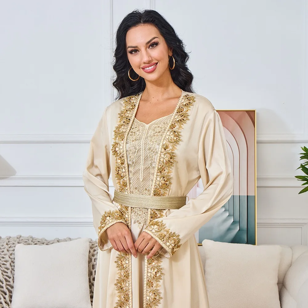 

Женское мусульманское вечернее платье на Ближнем Востоке, летнее новое модное платье-кардиган с длинными рукавами и бисером