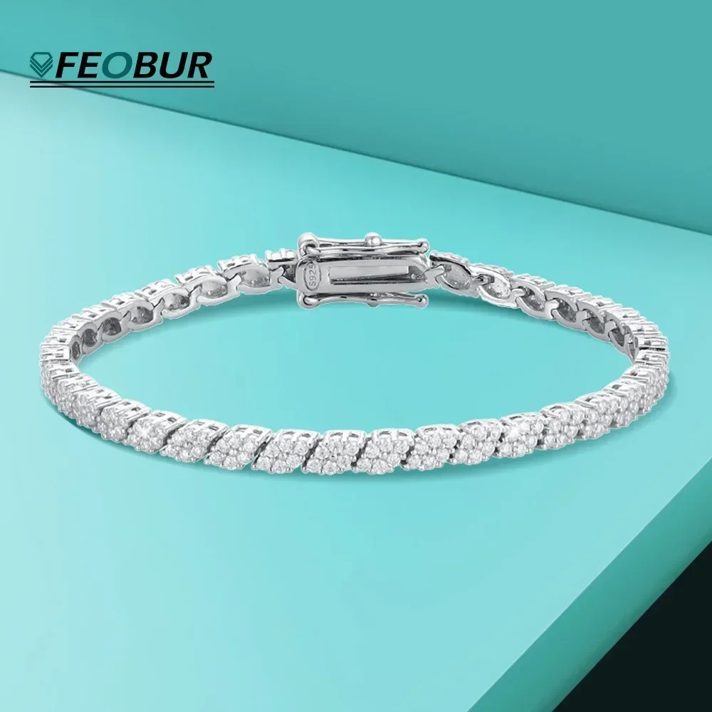 FEOBUR Full 1.2mm Moissanite Tennis Bracelets for Women S925 Sterling Silver Plated 18K Jewelry GRA Certified Lab Diamond Bangle