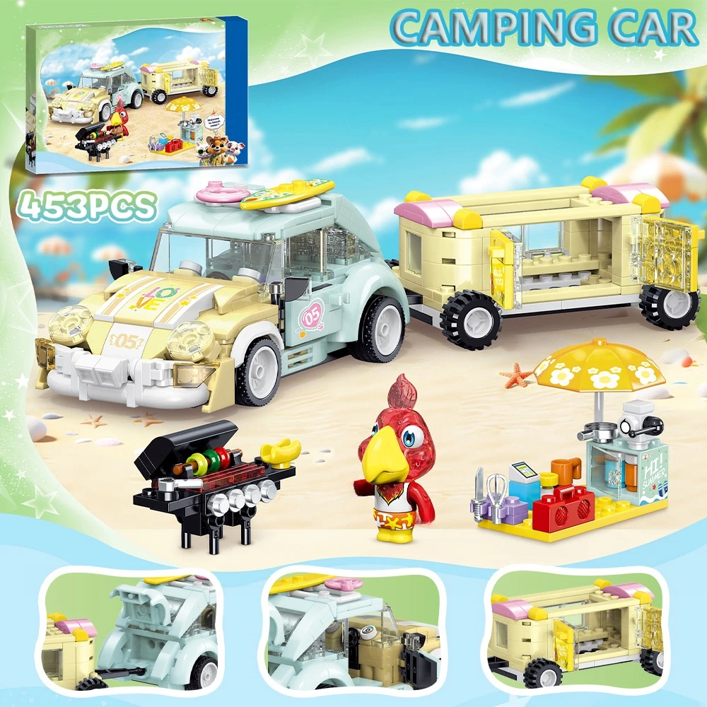 Vriend Creatieve Cartoon Strandpark Aan Zee Camping Auto Tent Bouwstenen Stad Straat Uitzicht Model Meisjes Speelgoed Kids Geschenken